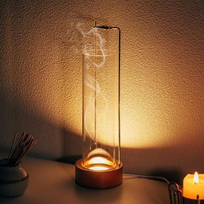 Incense Holder for Sticks, Anti-Ash Flying Incense Burner with 30 Incense Sticks, Detachable Glass Ash Catcher (Wood, Brown)