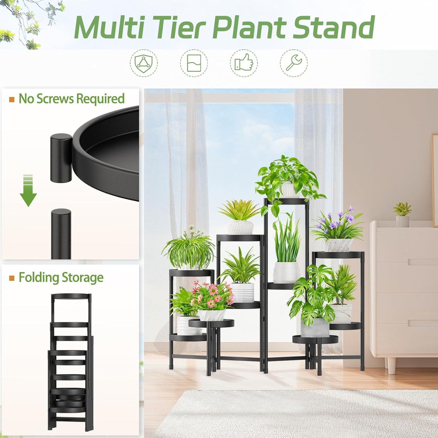 iDavosic.ly Plant Stand Indoor Outdoor, 5 Tier Corner Metal Flower Display Holder Shelf, Folding Tall Orchid Rack for Patio Balcony Porch Garden Living Room House, Black