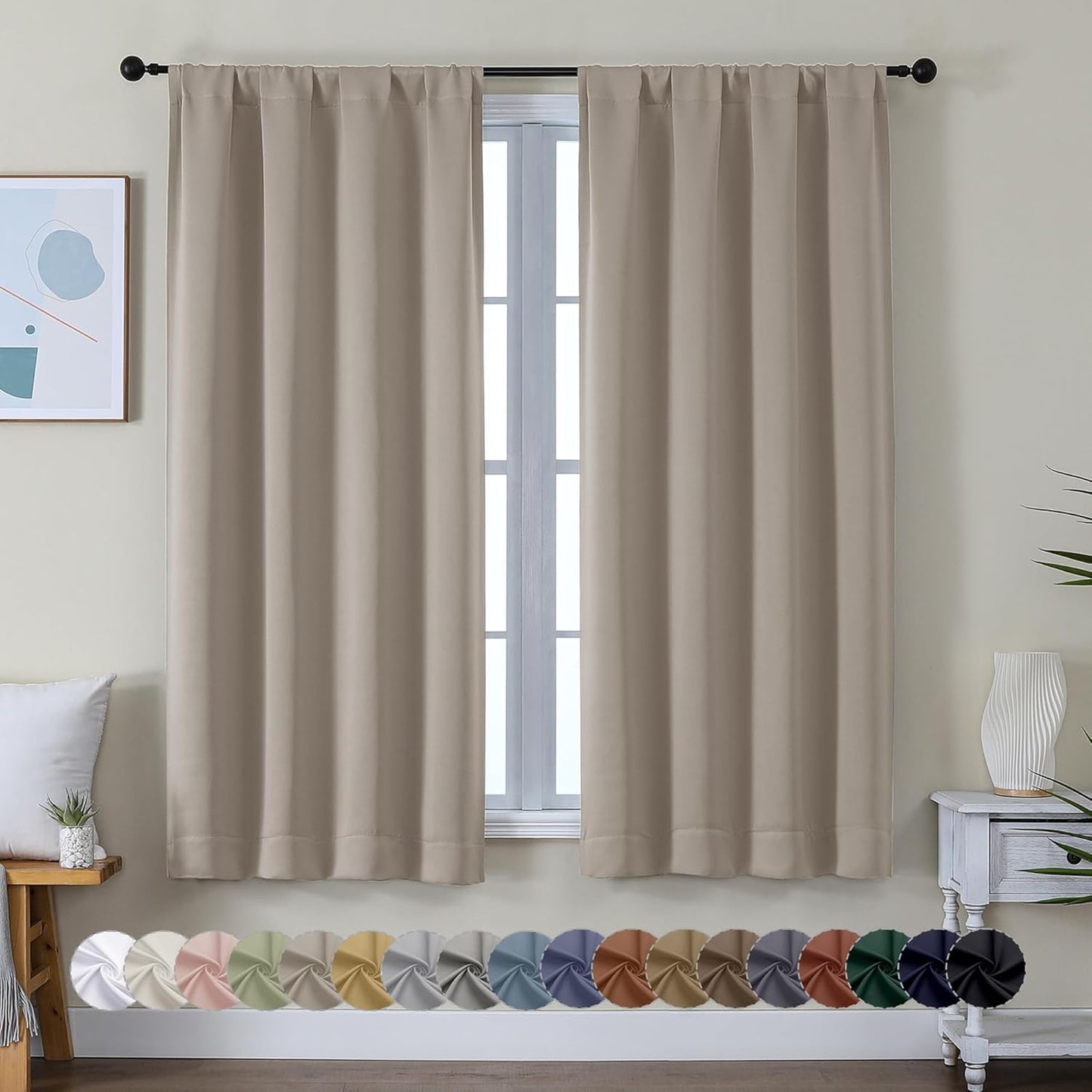 Simplebrand Ava Sage Green Blackout Curtains for Bedroom 63 Inch Length 2 Panels Set, Solid Thermal Insulated Energy Saving Rod Pocket Window Treatment Curtains Blackout Drapes, W40 x L63 Inch, Sage - Colors C