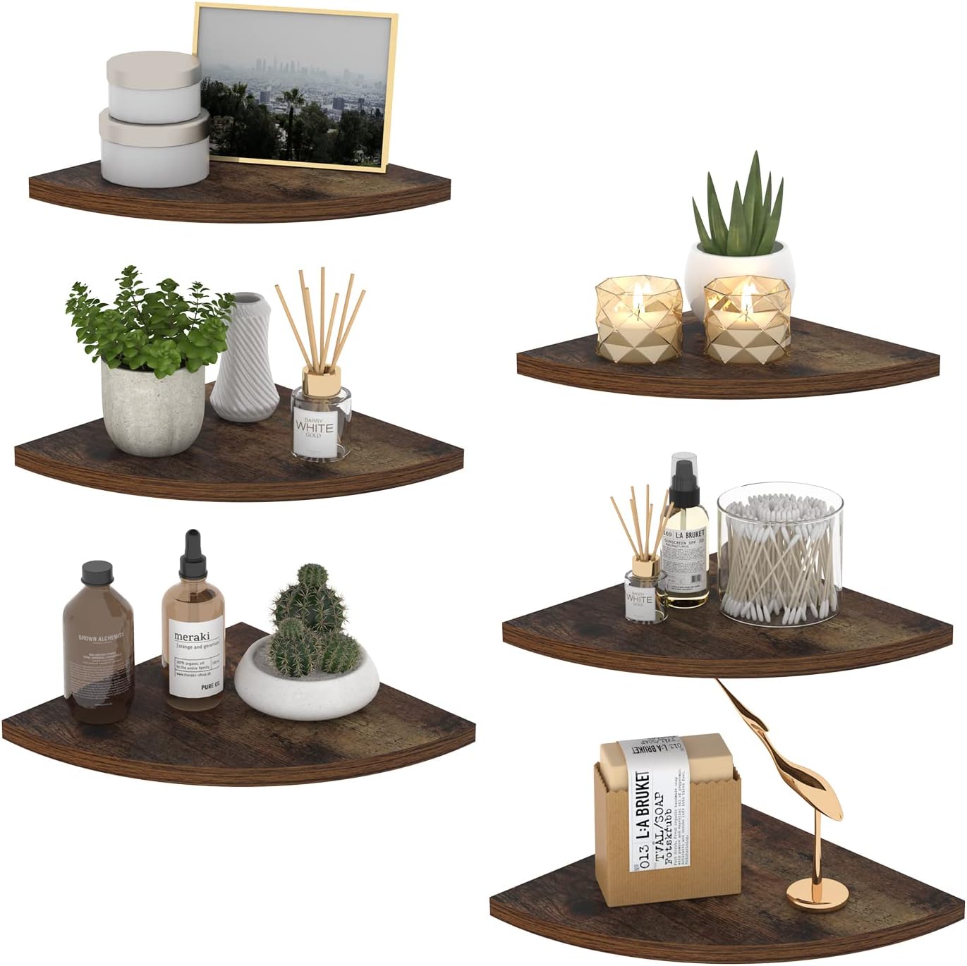 HORLIMER Floating Corner Shelf Wall Mount, 3 Pack Rustic Wood Corner Wall Shelves with Fence for Bedroom, Bathroom, Kitchen, Living Room, Brown