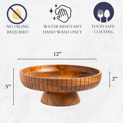 Mango Wood fruit bowl, Decorative black bowl with natural finish pedestal | 12" dia | Dual tone look | Use as Centerpiece for kitchen counter or dining table (Black)