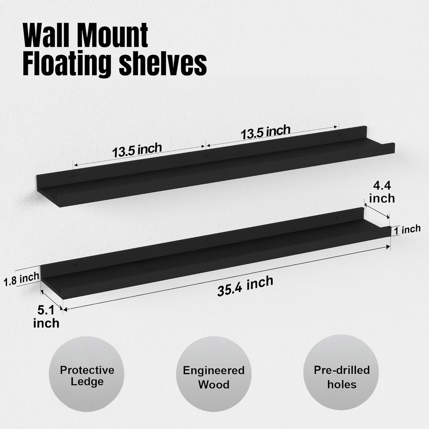 Boswillon Floating Shelves Wall Mounted Set of 2, Modern Black Wall Shelves for Storage with Lip, Display Picture Ledge Shelf for Wall Decor Bedroom Living Room Bathroom Kitchen
