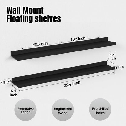 Boswillon Floating Shelves Wall Mounted Set of 2, Modern Black Wall Shelves for Storage with Lip, Display Picture Ledge Shelf for Wall Decor Bedroom Living Room Bathroom Kitchen