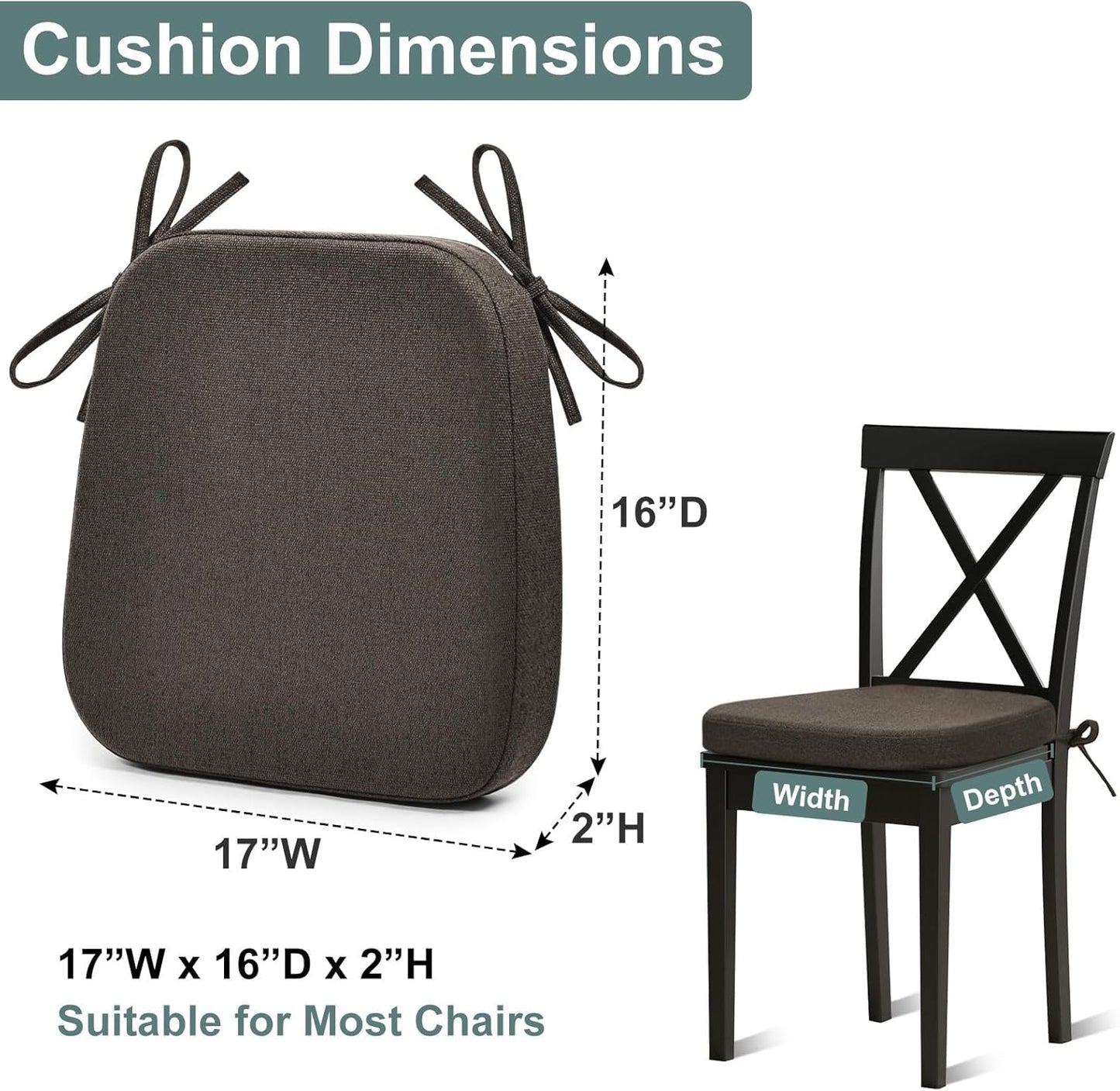 Shinnwa Dining Chair Pads, Patented Design Memory Foam Kitchen Chair Cushions with Ties and Washable Cover, 17" x 16" x 2", Black