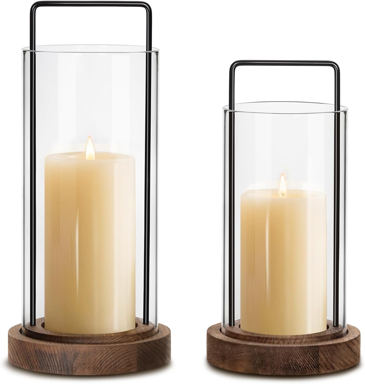 Houmury Set of 2 Hurricane Candle Holders Lantern 12” & 10”with Wood Base Metal Handle Glass Cylinder Modern Farmhouse Decor for Home Decoration, Table Centerpieces (Warm Amber Brown)