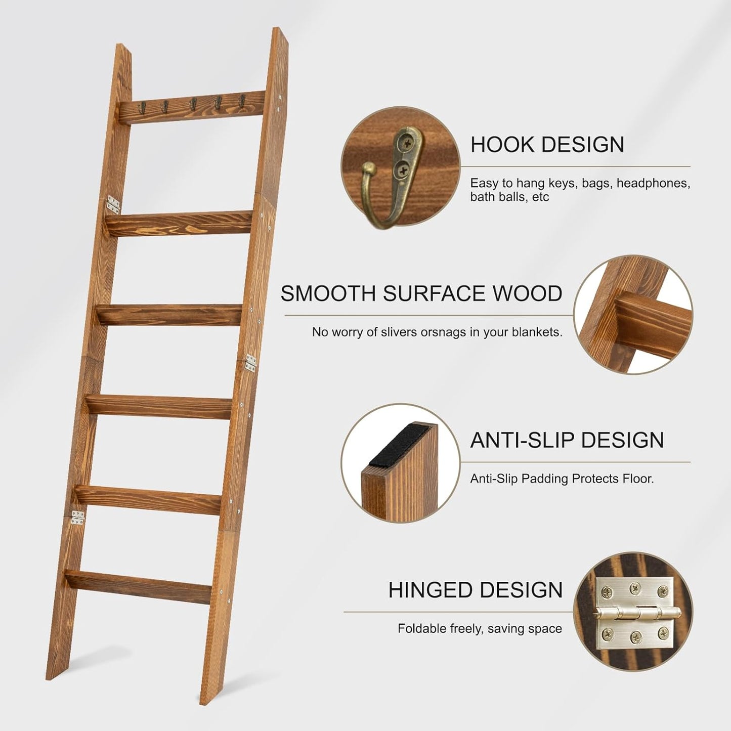 TEAKMAMA 6-Tier Blanket Ladder for Living Room and Bedroom,5.4 Ft Wall Leaning Quilt Rack with Hooks,Rustic Decorative Farmhouse Blanket Storage,Stylish Ladder Holder,Christmas Decorations,Black