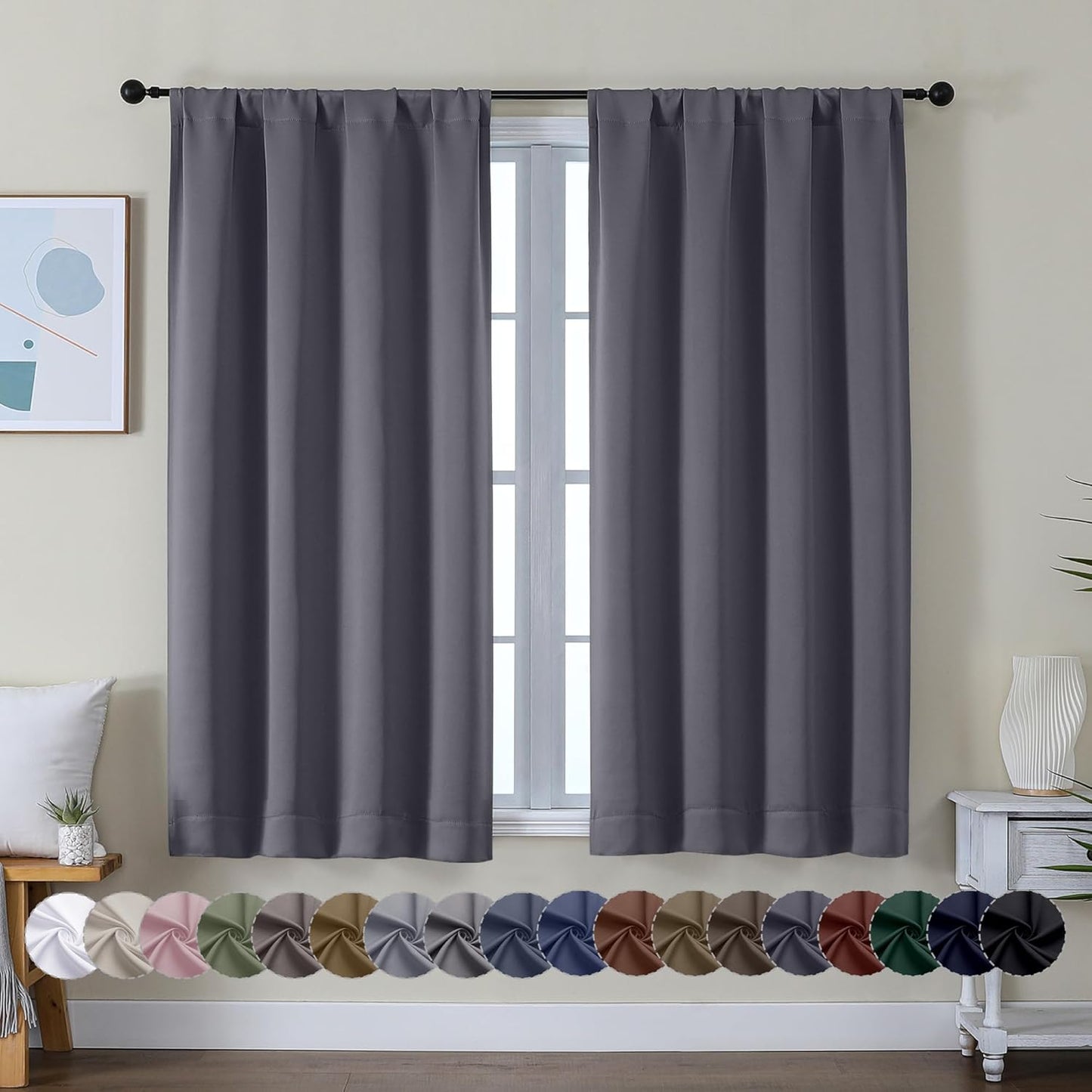 Simplebrand Ava Sage Green Blackout Curtains for Bedroom 63 Inch Length 2 Panels Set, Solid Thermal Insulated Energy Saving Rod Pocket Window Treatment Curtains Blackout Drapes, W40 x L63 Inch, Sage - Colors C