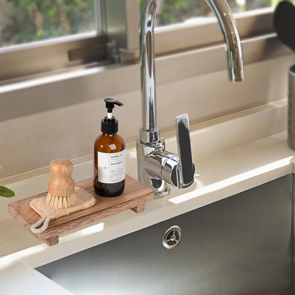 zoocatia Small Wood Tray Pedestal Stand Farmhouse Bathroom Decor Decorative Wooden Riser Kitchen Soap Dish Holder for Vanity, Counter, Sink, Brown