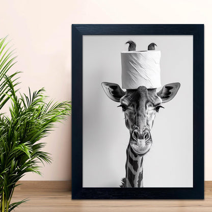 Bathroom Picture Wall Decor, Framed Black and White Bathroom Wall Art, Toilet Paper in Little Funny Raccoon's Hand Animal Canvas Print Painting