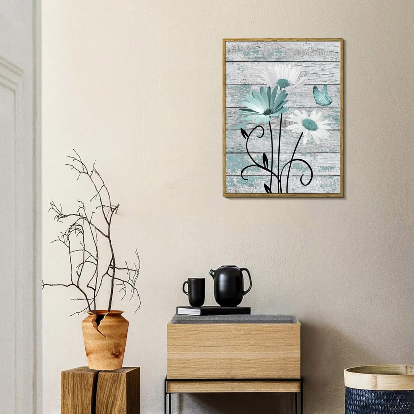 HVEST Farmhouse Floral Wall Art for Living Room, Blue and White Daisy Flower and Butterfly on Rustic Wood Board Canvas Wall Art Framed Artwork Ready to Hang for Bathroom Bedroom Decor, 16L X 12W