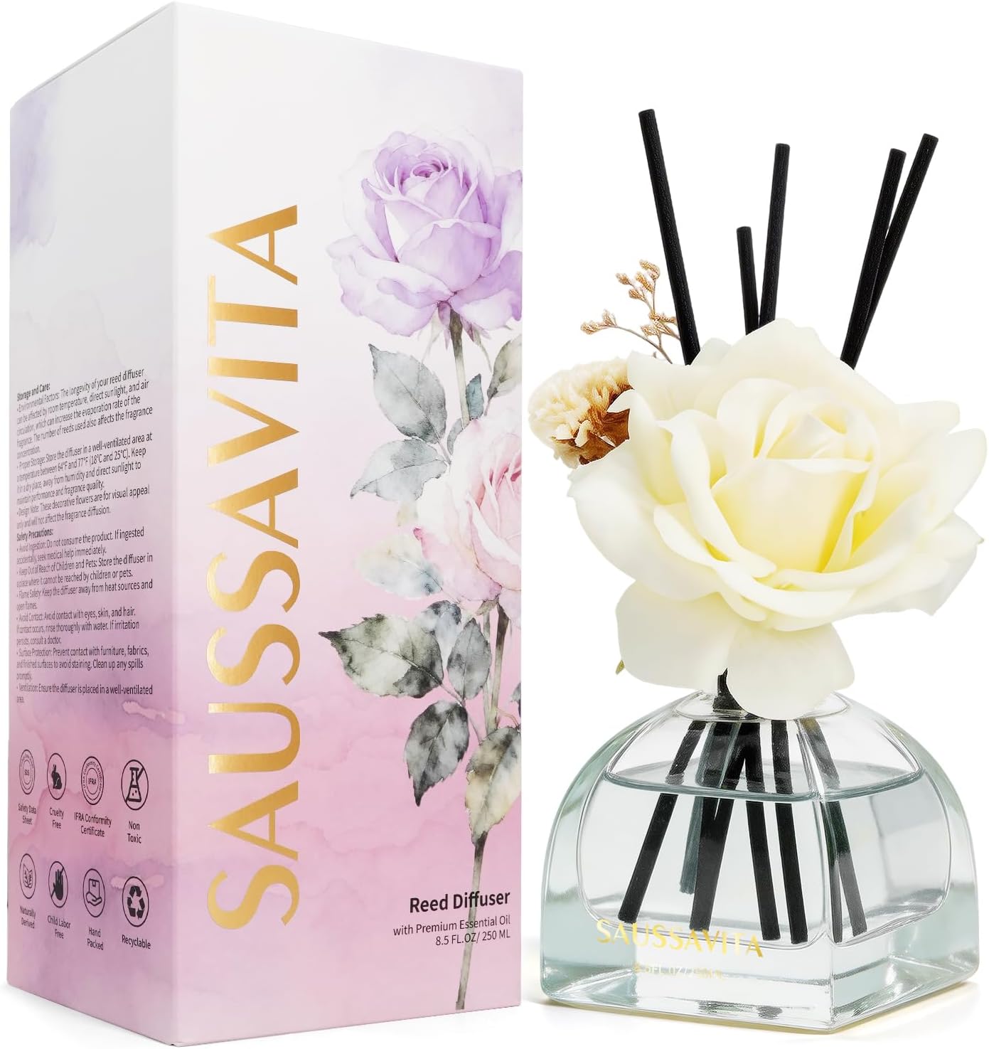 Reed Diffusers Set Flower Scented Diffuser for 140 Days, Flower Diffuser 8.5 fl oz with Dried Flowers and Decorative Rose, Long Lasting Home Fragrance with 10 Sticks for Bathroom, Shelf, Office Decor