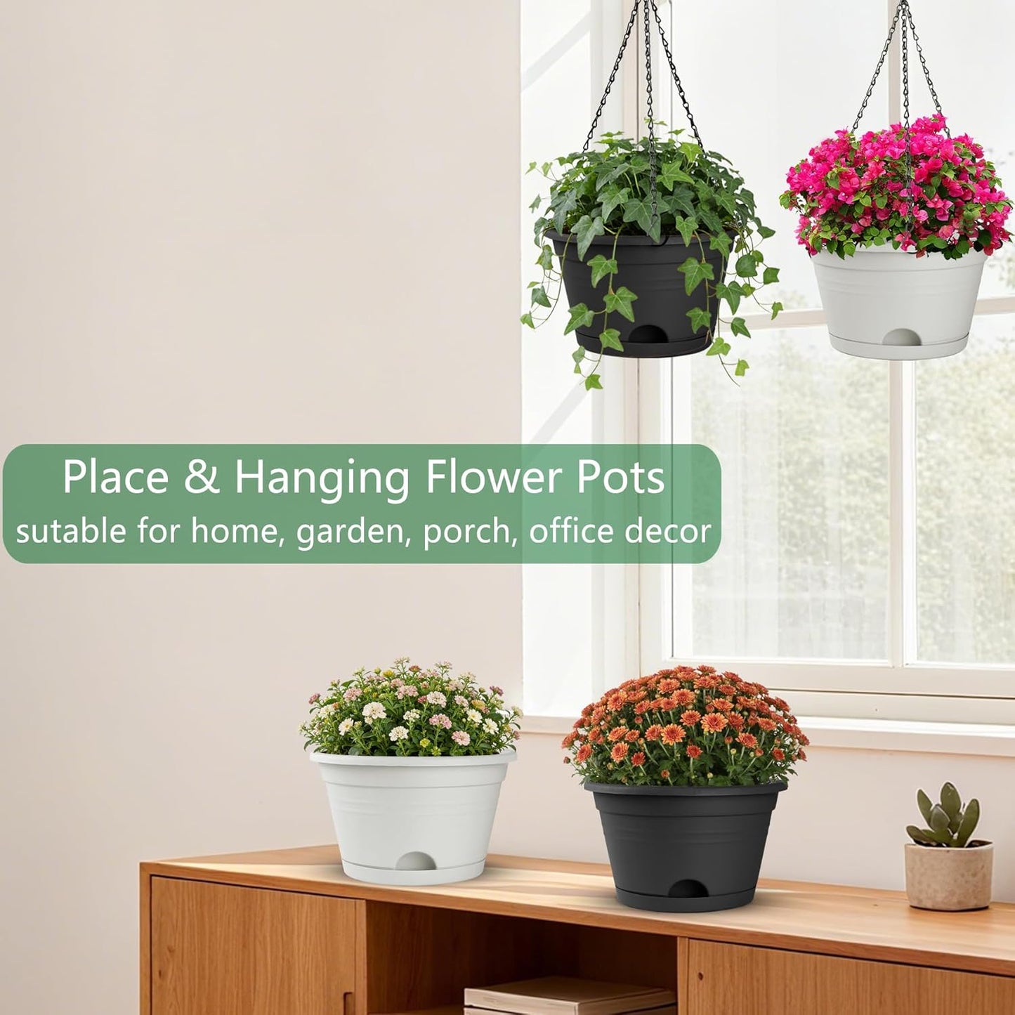 Nooulap 4 Pack Hanging Planters, 10 Inch Hanging Plant Pot with Hanger Chain & Drainage Trays, Hanging Baskets for Plants Outdoor Indoor, Flowers Pots for Home, Garden, Porch Decor (Black)