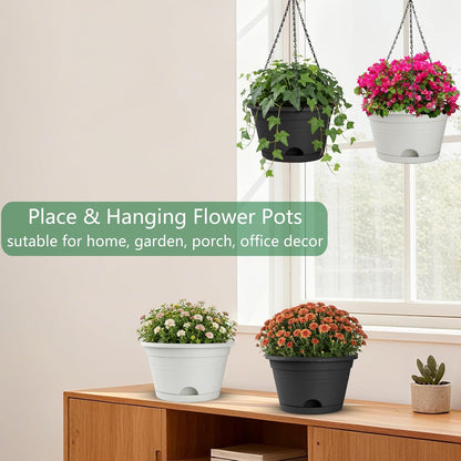 Nooulap 4 Pack Hanging Planters, 10 Inch Hanging Plant Pot with Hanger Chain & Drainage Trays, Hanging Baskets for Plants Outdoor Indoor, Flowers Pots for Home, Garden, Porch Decor (Black)