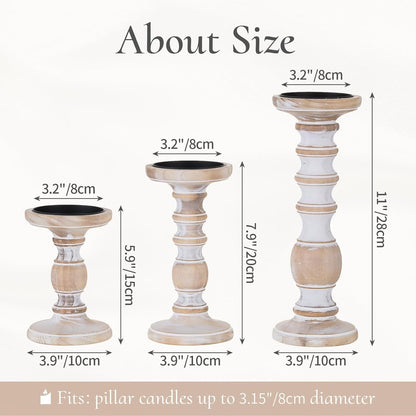 Wood Pillar Candle Holder: 3Pcs Rustic White Candle Holders for Pillar Candles Wood Candle Holders Distressed Wooden Farmhouse Candle Holder Large Rustic Candle Holder for Fireplace Table