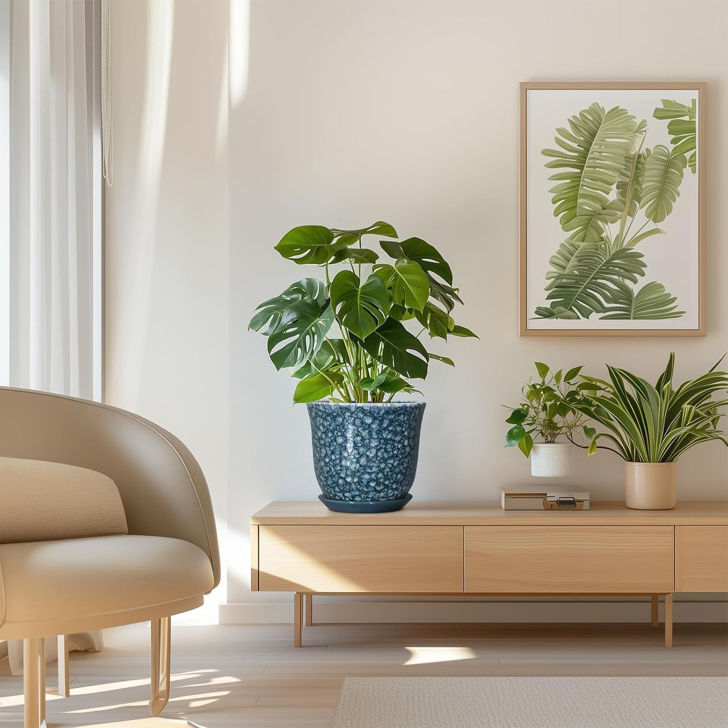 Ceramic Plant Pots - 12 Inch Pots for Plants Indoor Outdoor, Large Round Planter with Drainage Hole and Saucer, Modern Decorative Flower Pot, Home Garden Decor, House Warming Gifts, Blue