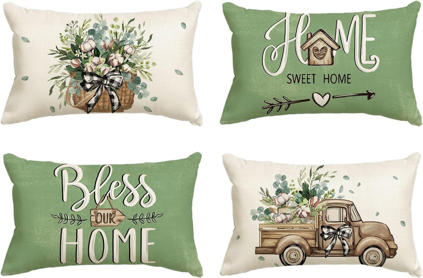 AVOIN colorlife Bless Our Home Farmhouse Eucalyptus Leaves Throw Pillow Covers, 18 x 18 Inch Truck Home Sweet Home Cushion Case Decorations Set of 4