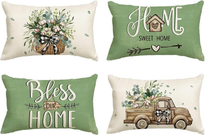 AVOIN colorlife Bless Our Home Farmhouse Eucalyptus Leaves Throw Pillow Covers, 18 x 18 Inch Truck Home Sweet Home Cushion Case Decorations Set of 4