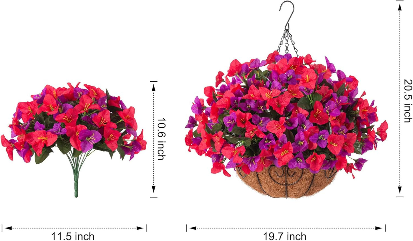 Artificial Hanging Flowers Faux Plants Basket for Outdoors Spring Summer Decor, Fake Silk Bougainvillea in Planter Outdoor Look Real UV Resistant Faux Flower for Outside Porch Patio Garden Home, White