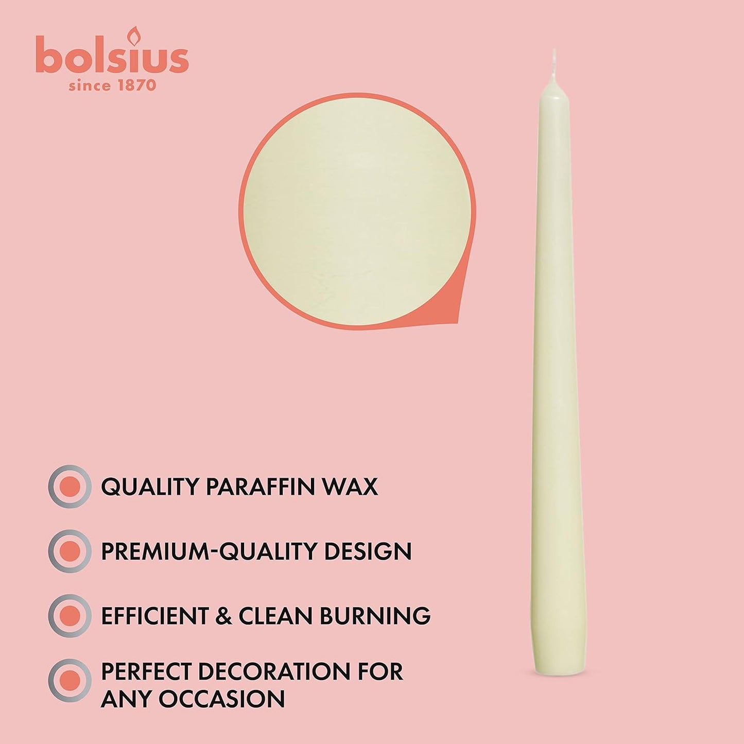 BOLSIUS Ivory Taper Candles - 10 Pack Unscented 10 Inch Dinner Candle Set - 8 Hours Burn Time - Premium European Quality - Smokeless and Dripless Household, Wedding, Party, and Home Décor Candlesticks