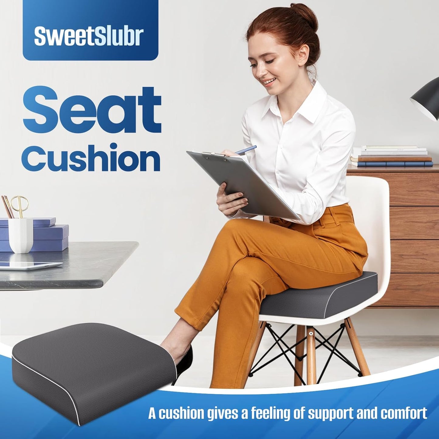 SweetSlubr Seat Cushion for Tailbone Pain Relief, Office Chair Cushion, Memory Foam Large Cushion with Non-Slip Cover for Soft Support at Office Chair, Car Seat, Airplane, Floor Pillow, Black/Large