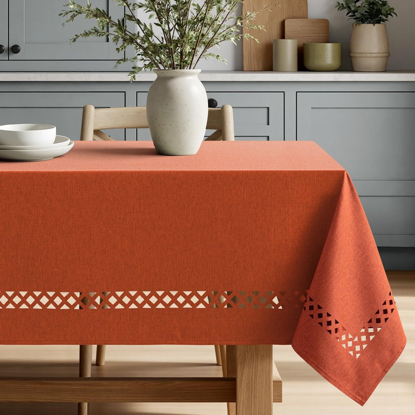 MIULEE Beige Rectangle Linen Polyester Tablecloth with Decorative Cutouts Spring Waterproof Stain Resistant & Shrink-Proof Table Cloth 52x70 inch Farmhouse Style for Dining Wedding and Outdoor