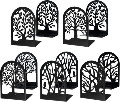 EOOUT Bookends for Shelves Decorative, 5 Pairs of Tree Bookends Supports, Black Metal Book Stoppers for Heavy Books, Heavy Duty Book Ends for Home Office School.