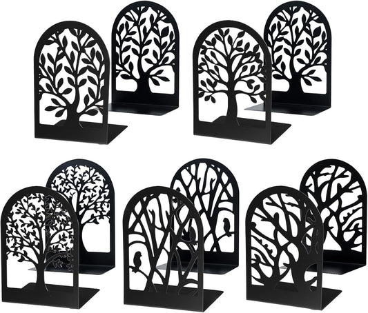 EOOUT Bookends for Shelves Decorative, 5 Pairs of Tree Bookends Supports, Black Metal Book Stoppers for Heavy Books, Heavy Duty Book Ends for Home Office School.