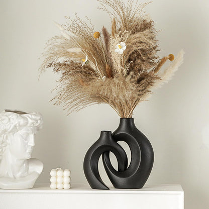 Lvases Snuggle Hollow Ceramic Vase Set of 2, Nordic Modern Boho ins Style Decorative Ceramic Aesthetic Flower Vase for Home Decor (Milky White W 6.3" X H 8.4")