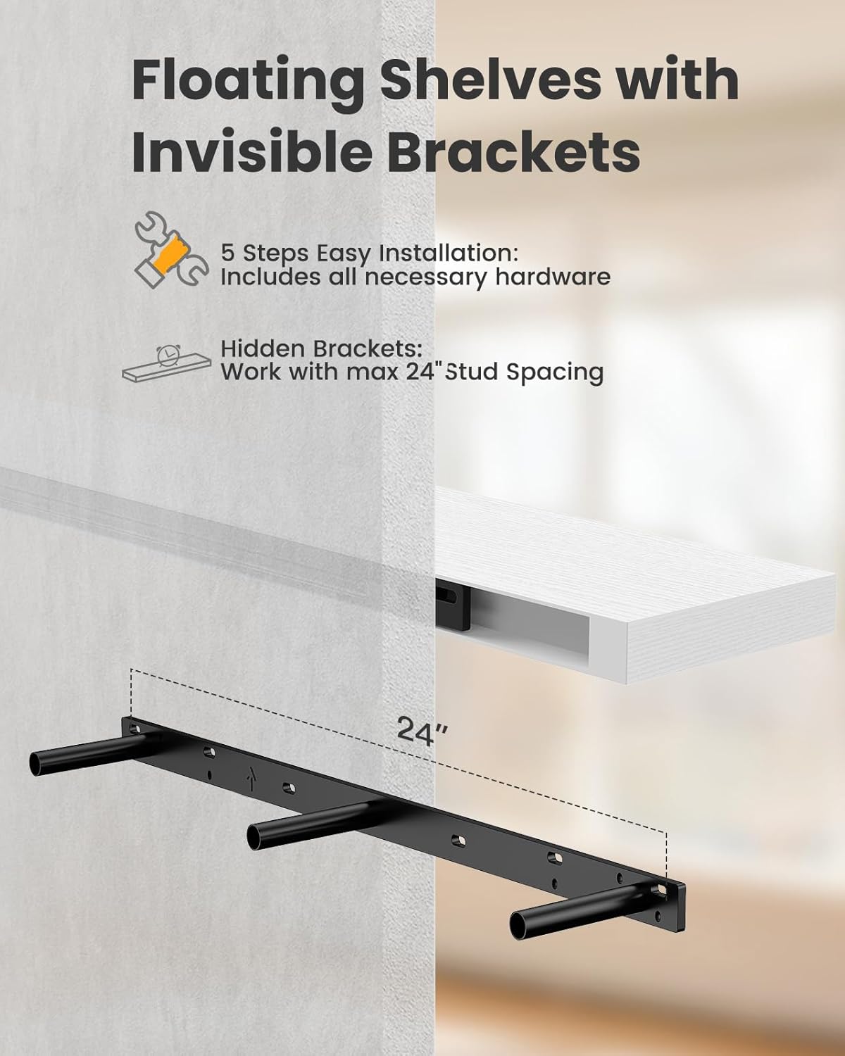 AMADA HOMEFURNISHING Floating Shelves, Wall Shelves for Bathroom/Living Room/Bedroom/Kitchen Decor, White Shelves with Invisible Brackets Set of 3 - AMFS08