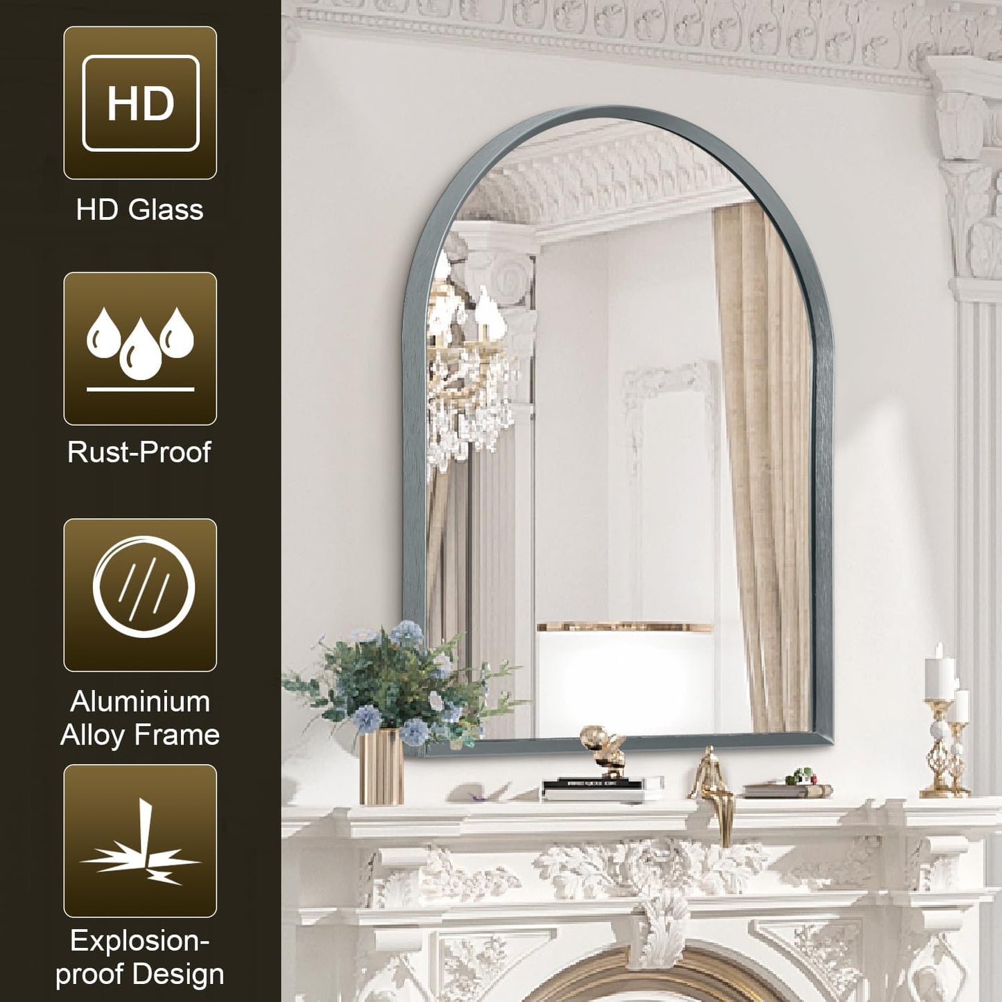 Black Arched Mirror, Modern Bathroom Wall Mirror Aluminum Alloy Framed Mirror Brushed Metal Vanity Wall Mounted Mirror for Livingroom Bedroom Entryway Room 16"x12"