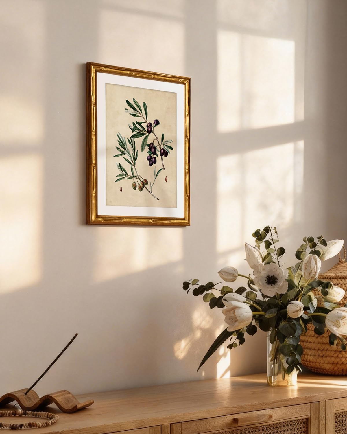 InSimSea Gold Bamboo Framed Canvas Wall Art, Retro Blue Hydrangea Botanical Prints, Antique Flowers Picture Frame with Mat, Victorian Home Wall Decor for Kitchen Living Room Bedroom, 11x14inch