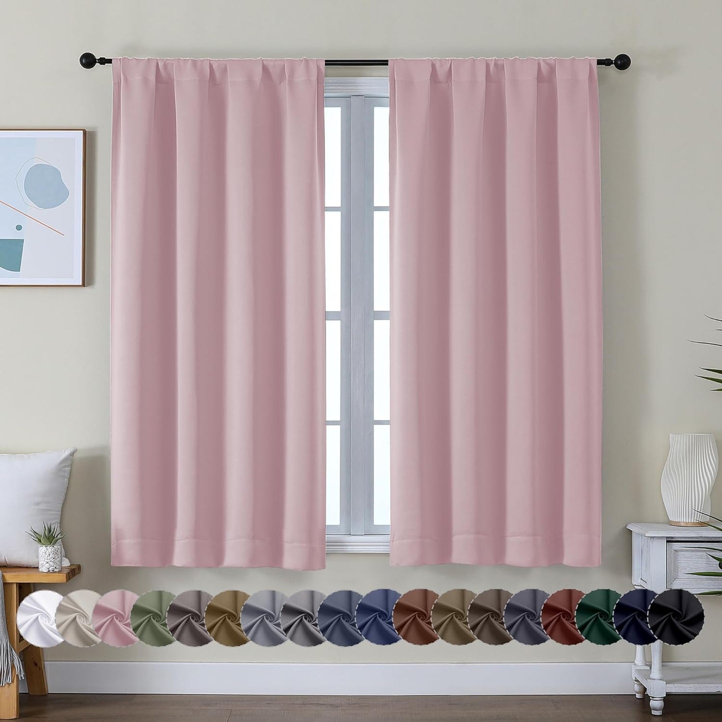 Simplebrand Ava Sage Green Blackout Curtains for Bedroom 63 Inch Length 2 Panels Set, Solid Thermal Insulated Energy Saving Rod Pocket Window Treatment Curtains Blackout Drapes, W40 x L63 Inch, Sage - Colors A