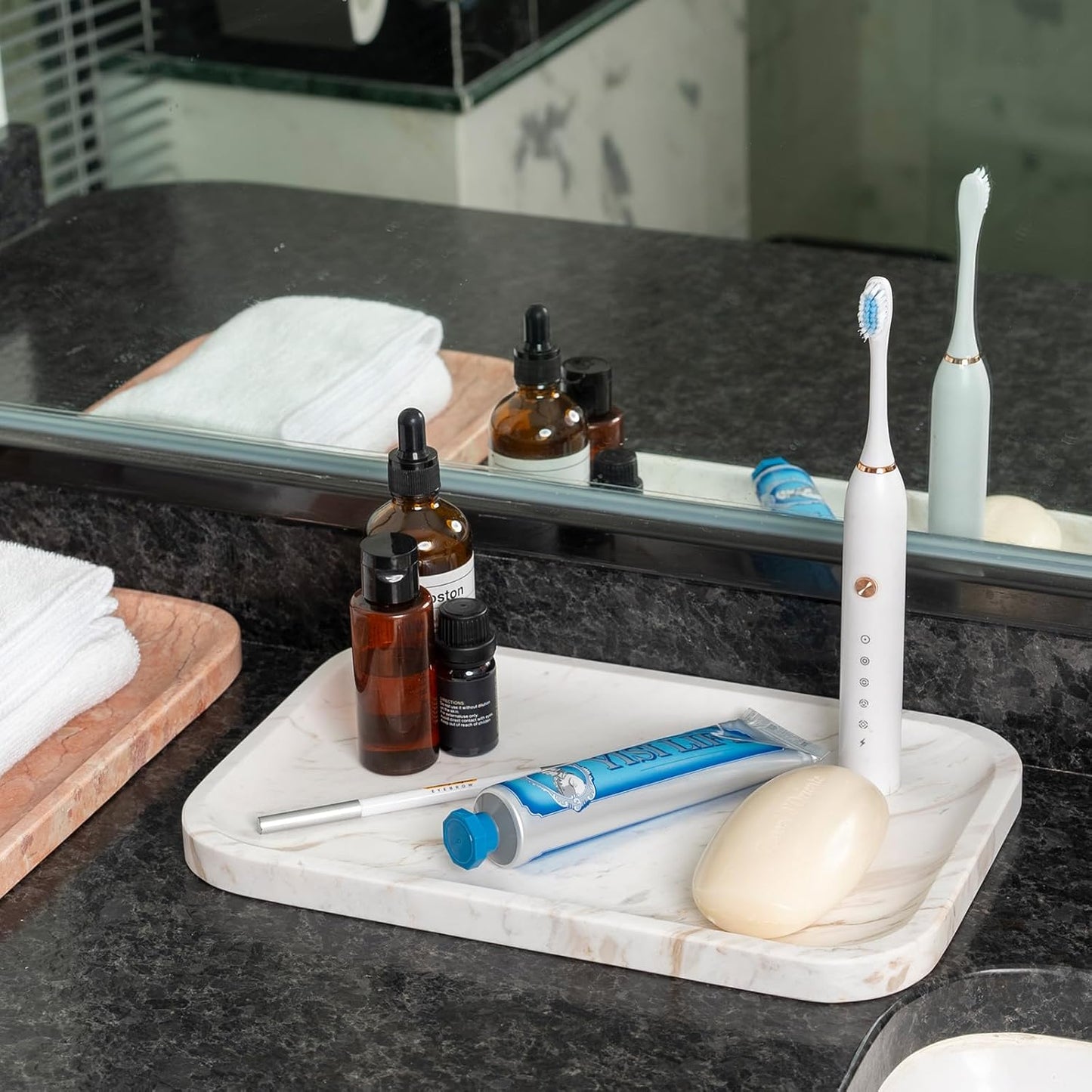 Marble Vanity Tray for Dresser Organizer, Travertine Bathroom Tray Countertop, Beige Decorative Serving Trays, Kitchen Sink Storage, Jewelry & Perfume Holder(Travertino Romano)