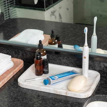 Marble Vanity Tray for Dresser Organizer, Travertine Bathroom Tray Countertop, Beige Decorative Serving Trays, Kitchen Sink Storage, Jewelry & Perfume Holder(Travertino Romano)