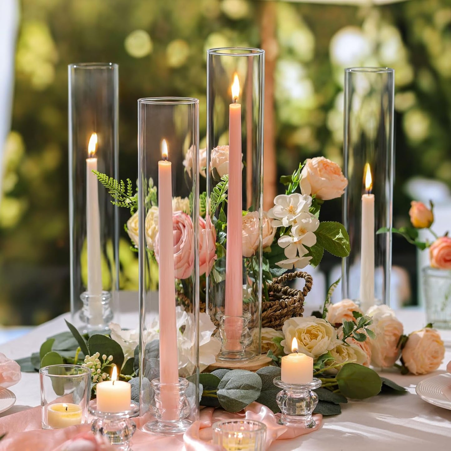 Volens Hurricane Glass Candle Holders - Set of 6 Candlestick Holders for Taper Candles with Windproof Cylinder Covers 14" Tall Clear Glass Chimney Cover for Wedding Table Centerpiece Home Decor