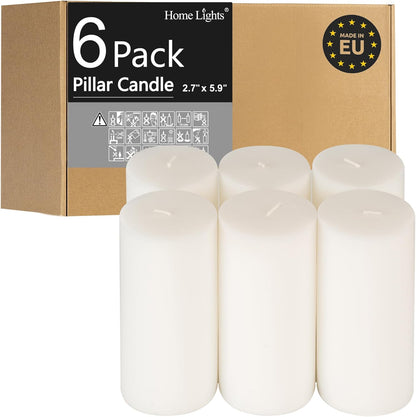 HomeLights Pillar Candles - 2.7x6 inch | 60 Hours Burning, 6 Count - White Unscented Smokeless European Pillar Candles - Perfect for Wedding, Parties, Spas, Home Gatherings and Dinner