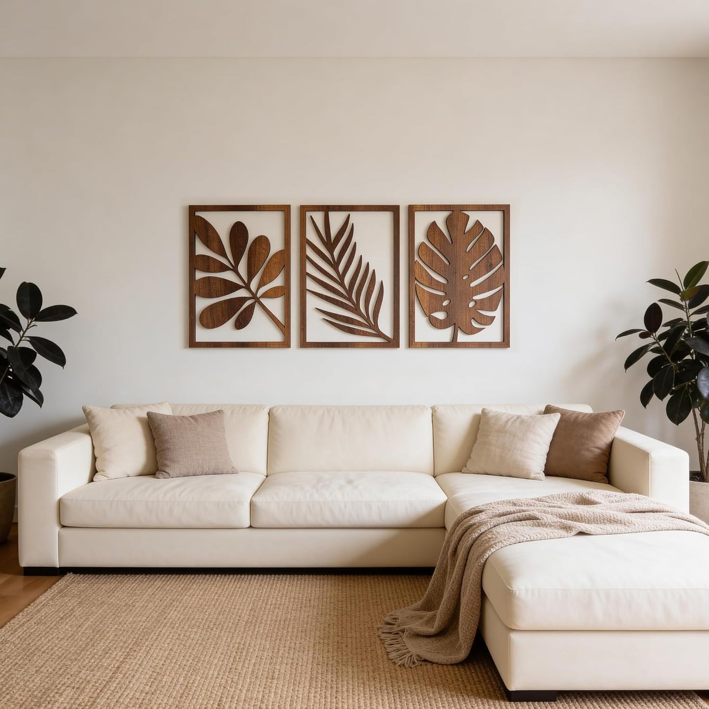 qmmp Modern Wooden Wall Sculptures - Set of 3 - Home Decor Accent - Large Wall Art for Living Room, Bedroom, Office - Easy Installation (Oak, Medium - Mountain and Sun)