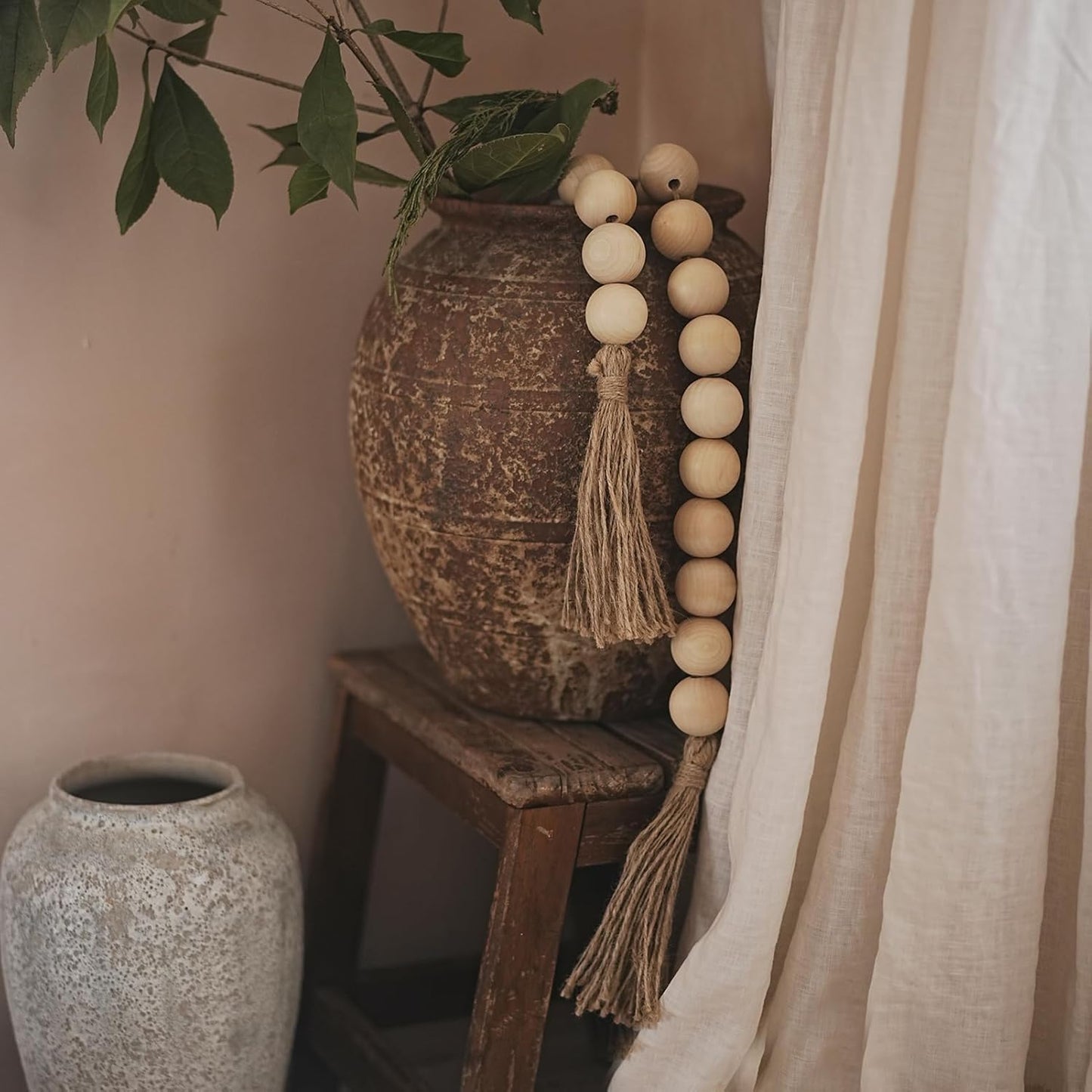Extra Large Wood Bead Garland with 1.6" Diameter Wood Beads, Wooden Beads Garland with Tassels, Decorative Beads, Farmhouse Beads Home Decor (Nature Beige, 41 Inches)