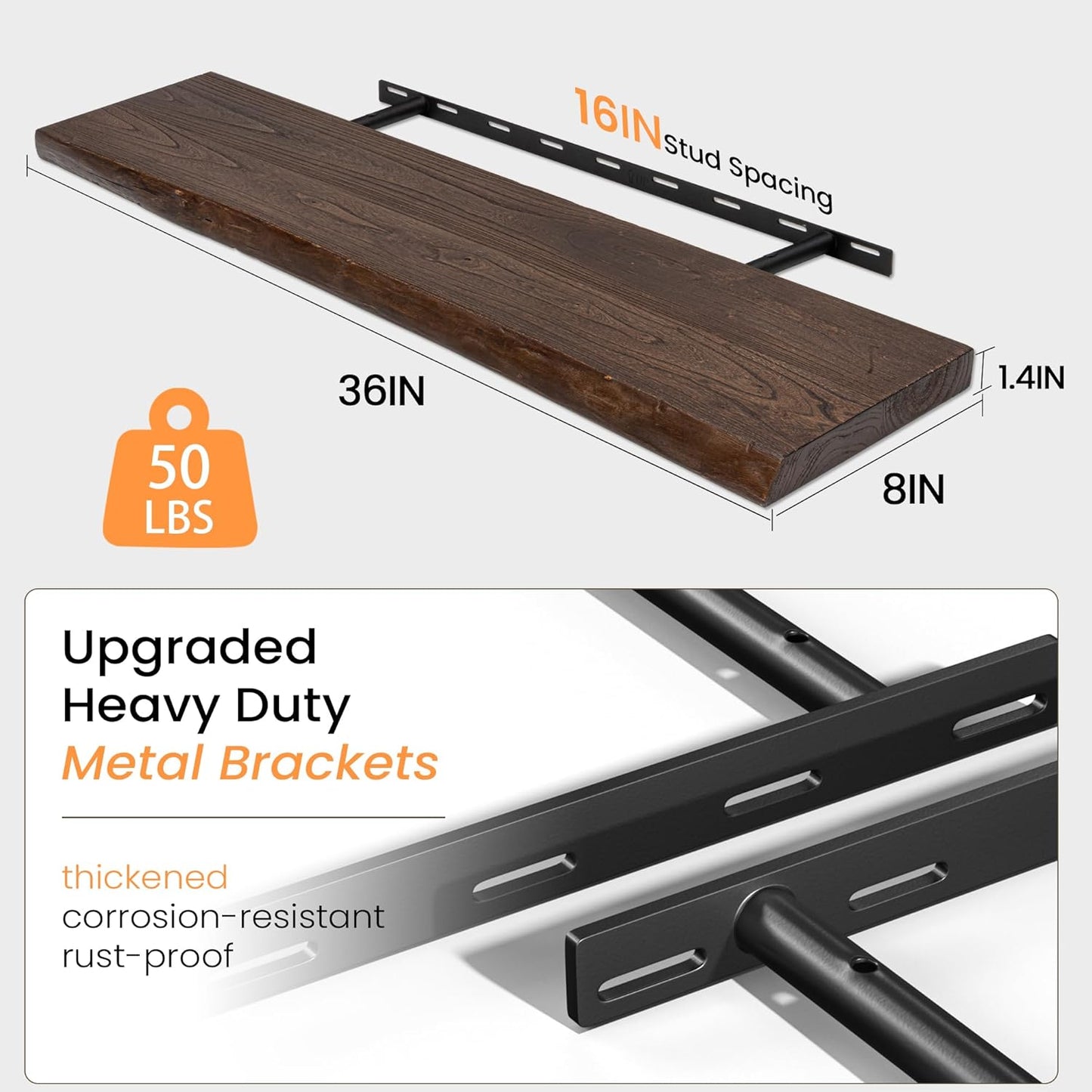 Floating Shelves 36 Inches Long - 8 Inch Deep Rustic Premium Solid Pine Wood for Storage - Farmhouse Wall Mounted for Living Room - Heavy-Duty Metal Bracket - 36" W x 8" D - Set of 2 - White Color