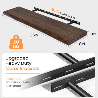 Floating Shelves 36 Inches Long - 8 Inch Deep Rustic Premium Solid Pine Wood for Storage - Farmhouse Wall Mounted for Living Room - Heavy-Duty Metal Bracket - 36" W x 8" D - Set of 2 - White Color
