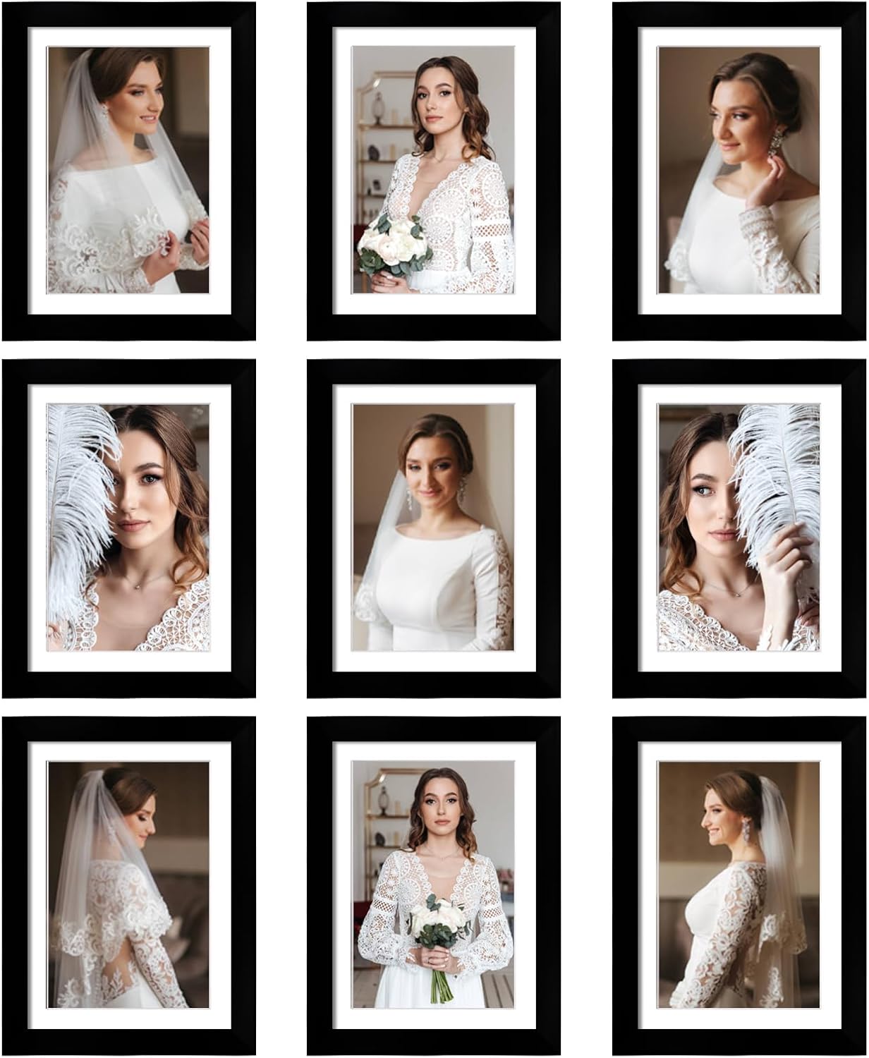 12x12 Picture Frame Set of 9, Display Pictures 8x8 with Mat or 12x12 without Mat, Multi Collage Gallery Square Photo Frames for Wall or Tabletop, Black