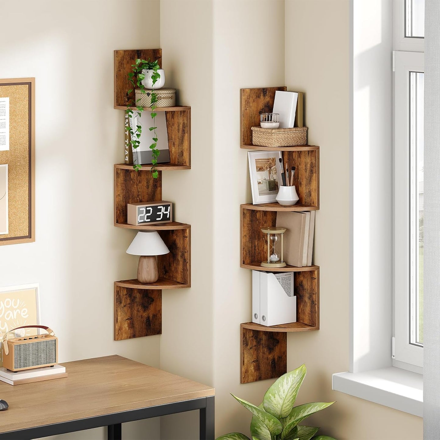HOOBRO Corner Shelf Wall-Mounted, Set of 2 Floating Corner Shelves for Wall, 4-Tier Corner Bookshelves for Living Room, Bedroom, Bathroom, Home Office, Black BK25BJP201