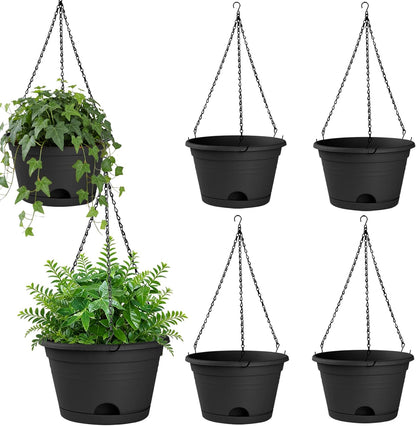 Nooulap 4 Pack Hanging Planters, 10 Inch Hanging Plant Pot with Hanger Chain & Drainage Trays, Hanging Baskets for Plants Outdoor Indoor, Flowers Pots for Home, Garden, Porch Decor (Black)