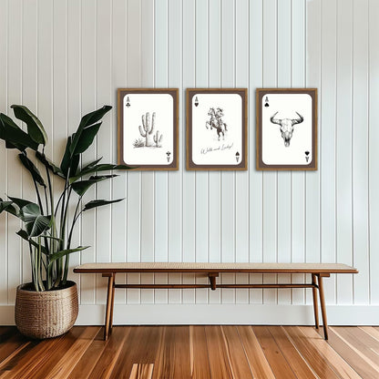 Western Wall Art Set of 3, Southwestern Cowboy Playing Card Wall Decor, Longhorn Bull Skull and How Lucky are We Poster Canvas Painting Prints for Bedroom Living Room 12x16 inch Wood Framed