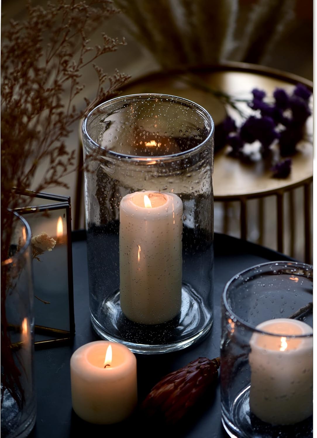 Hurricane Candle Holders for Pillar Hand Blown Glass Cylinder Vases Table Centerpiece Bulk Room Decor Clear Seeded Bubbles Living Dining Kitchen Island 10" 7" 4" Set of 3