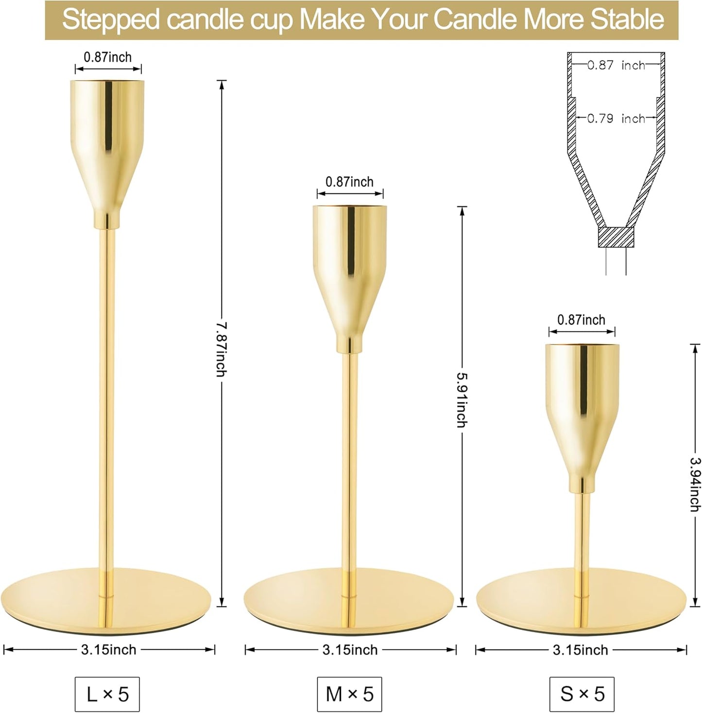 French Gold Taper Candle Holders for Wedding Table Centerpiece,Tall Taper Candlestick Holders Bulk Set of 6,Metal Candle Stick Holders for Dinning or Mantel Centerpiece,Party Home Decor