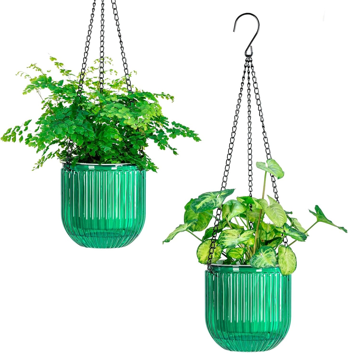 Melphoe 2 Pack Self Watering Hanging Planters Indoor Flower Pots, 6.5 Inch Outdoor Hanging Basket, Plant Hanger with 3Hooks Drainage Holes for Garden Home (Emerald)