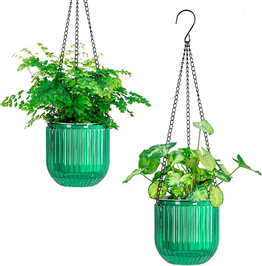 Melphoe 2 Pack Self Watering Hanging Planters Indoor Flower Pots, 6.5 Inch Outdoor Hanging Basket, Plant Hanger with 3Hooks Drainage Holes for Garden Home (Emerald)