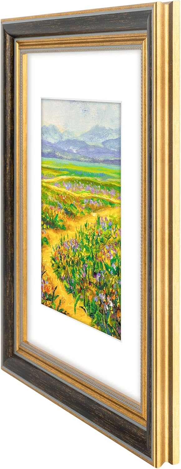 Golden State Art,11x14 Ornate Picture Frame for 8x10 Photo with Mat or 11 x 14 Prints without Mat,Real Glass Wall Display(Color:Green Gold)