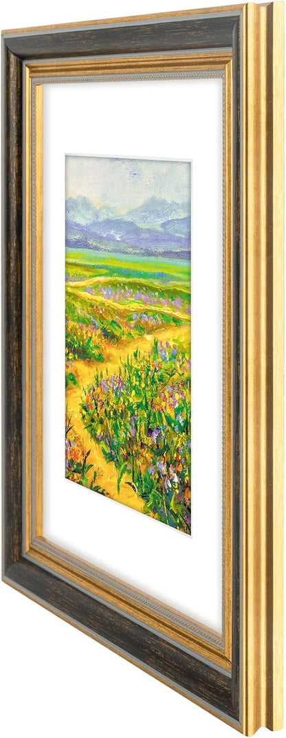 Golden State Art,11x14 Ornate Picture Frame for 8x10 Photo with Mat or 11 x 14 Prints without Mat,Real Glass Wall Display(Color:Green Gold)